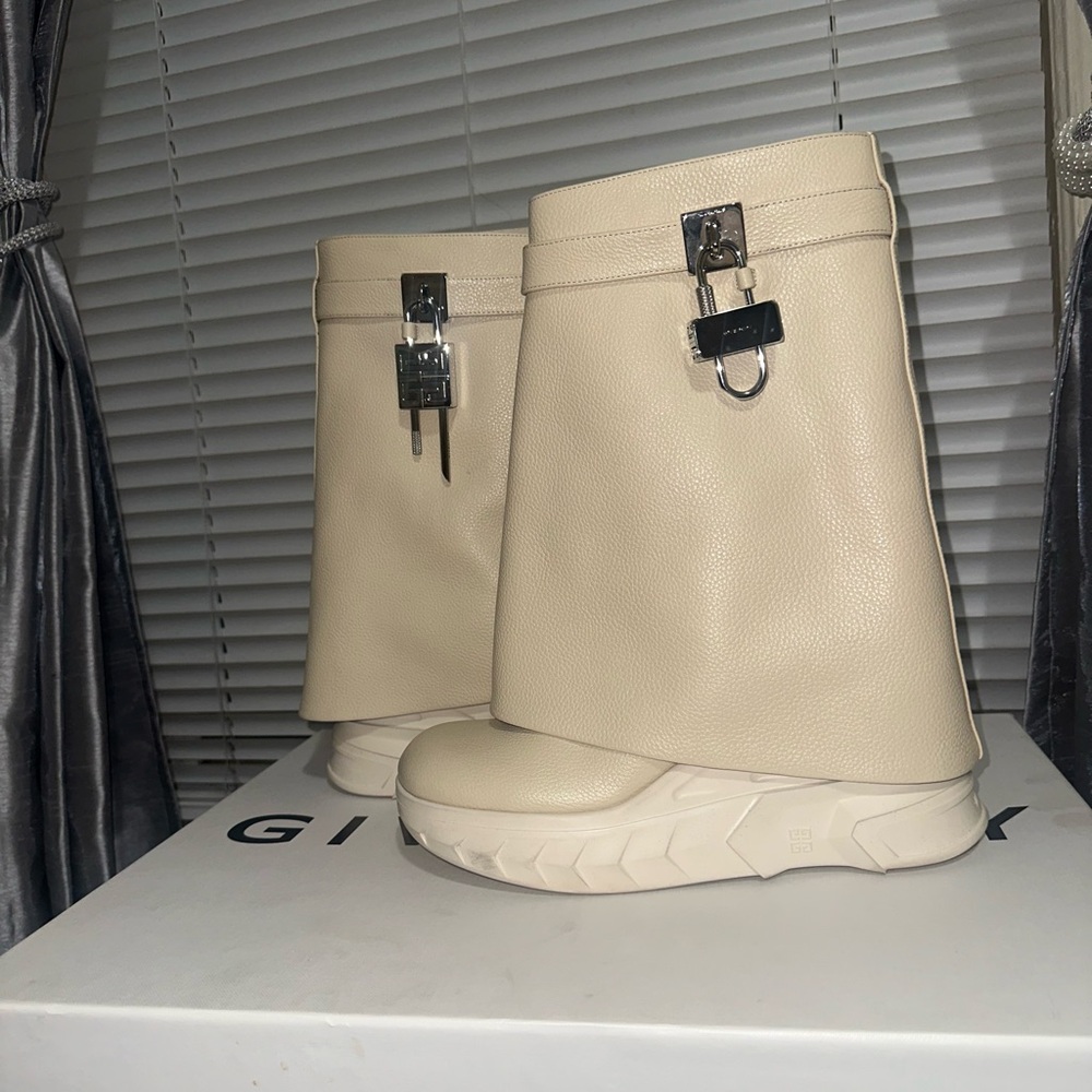 Givenchy Cream Leather Mid-Calf Zip-Front Heeled Boots SHARKBOOTS